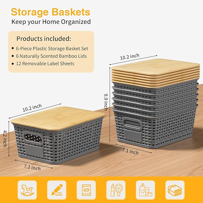 Plastic Storage Baskets with Bamboo Lids and Labels, Stackable Storage Containers, Storage Bins for Organizing Shelves Drawers Desktop Closets Office, 6 Packs-Gray