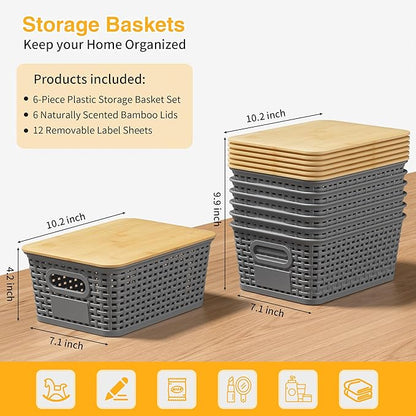 Plastic Storage Baskets with Bamboo Lids and Labels, Stackable Storage Containers, Storage Bins for Organizing Shelves Drawers Desktop Closets Office, 6 Packs-Gray