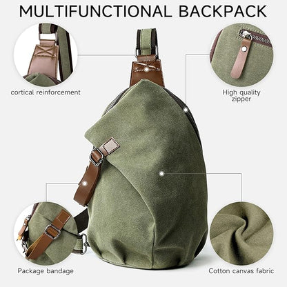 MOYYI Canvas Sling Bag for Men Women, 10L Crossbody Bag Small Backpack, Casual Daypack with Anti-Theft Pocket, Vintage Canvas Shoulder Bags for Travel, Daily, Hiking, Work (Green)