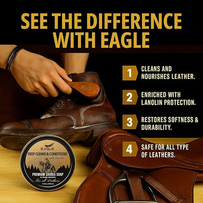 Eagle Saddle Soap for Leather – 3-Piece Saddle Soap Kit for Leather Cleaning, Boots, Tack, and Saddles – Includes Applicator and Cloth – Leather Soap and Conditioner for Leather Boots and Tack Care
