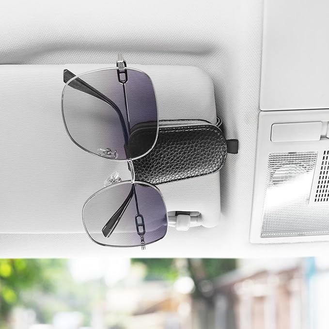 SINGARO Sunglasses Holder for Car, Leather Magnetic Buckle Sun Visor Sunglass Clip, Ticket Card Storage Glasses Clip, Car Interior Accessories for Men and Women（2PCS Black-Gray）