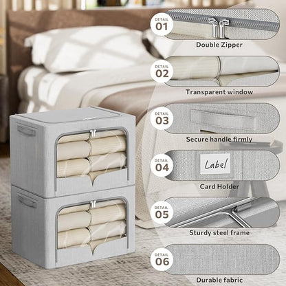 FHSQX 3 Pack Clothes Storage Bins - Foldable Metal Frame Storage Box - Stackable Linen Fabric Container Organizer Set with Carrying Handles and Clear Window (Light Gray, 19.7x15.7x13inch(66L))