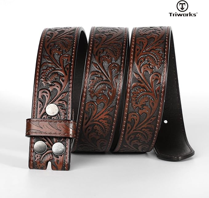 TRIWORKS Western Belt Strap for Men without Buckle 1.5" Wide Floral Engraved Embossed Leather Belt Strap