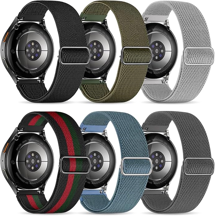 Stretchy Bands Compatible with Samsung Galaxy Watch 7 6 4 5 Band 40mm 44mm/Watch 6 4 Classic 47mm 43mm 42mm 46mm/5 Pro/FE/Active 2, 6 Pack 20mm Nylon Sport Strap for Galaxy Watch 7 Band Women Men