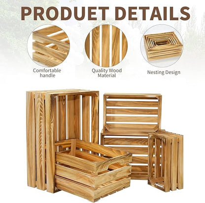 Wooden Crates for Display Large Rustic Nesting Wooden Basket with Handle, Farmhouse Wood Crate for Storage and Container, 5 Size Multipurpose Wood Basket for Fruits Vegetables Boxes XXL