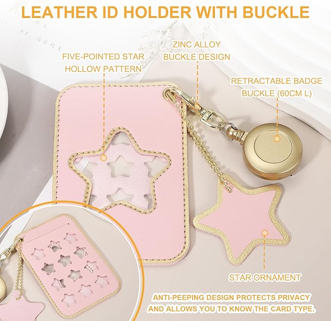 PATIKIL Retractable Badge Holders, Cute Leather ID Holder with Badge Reels Keychain ID Card Clip Protector Cover for Women Work Office Business Trip, Pink