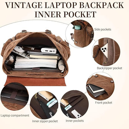 Wogarl Vintage Leather Canvas Backpack, Waxed Canvas Shoulder Rucksack with Toiletry Shoulder Rucksack for Traveling, Camping, Hiking,Business College Fits 17inch Laptop,Coffee