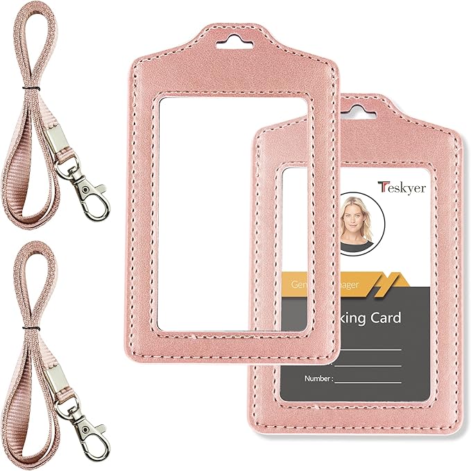 Teskyer 2 Pack Double Sided Clear Badge Holder with Lanyard, ID Badge Name Card Holder with Stainless Steel J-Hook Nylon Lanyard for Work, School, Metro, Access Card, Rose Gold