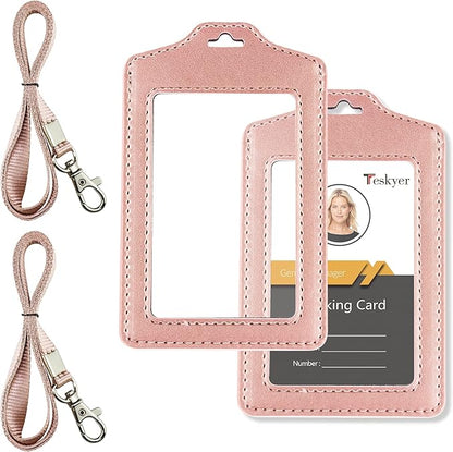 Teskyer 2 Pack Double Sided Clear Badge Holder with Lanyard, ID Badge Name Card Holder with Stainless Steel J-Hook Nylon Lanyard for Work, School, Metro, Access Card, Rose Gold