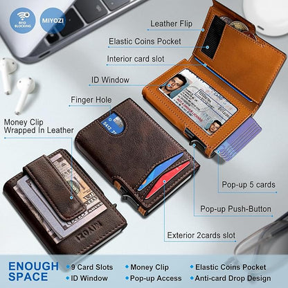 miyozi Wallet for Men, Magnetic Minimalist Slim Wallet with Pop Up Card Holder, 9 Cards RFID Blocking Metal Credit Card Case, Leather Wrapped Money Clip, ID Window & Small Item Slot, Gift Boxed