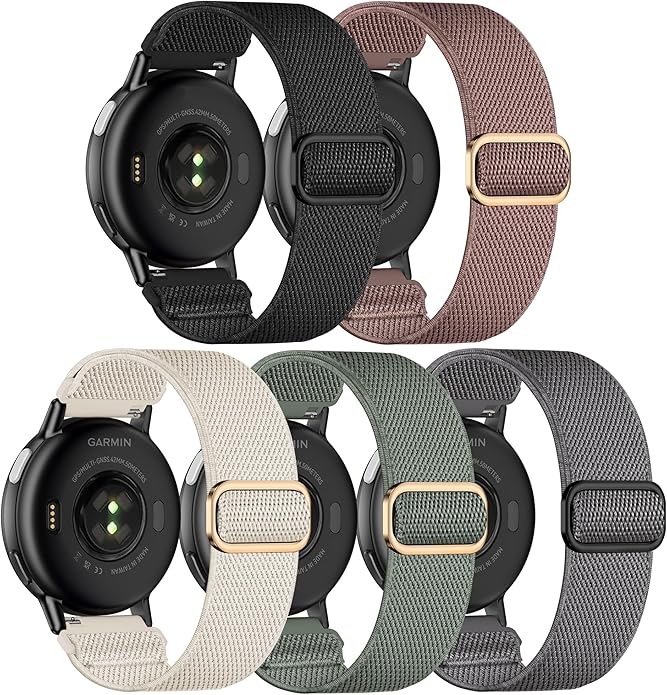 5 Pack Stretchy Nylon Watch Bands Compatible with Garmin Vivoactive 5/6/Forerunner 55/165,20mm Soft Elastic Fabric Adjustable Replacement Sport Straps for Garmin Venu Sq 2 Women Men