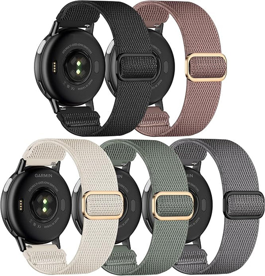 5 Pack Stretchy Nylon Watch Bands Compatible with Garmin Vivoactive 5/6/Forerunner 55/165,20mm Soft Elastic Fabric Adjustable Replacement Sport Straps for Garmin Venu Sq 2 Women Men