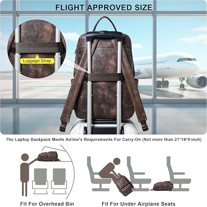 Vegan Leather Backpack for Women and Men, Fits 16.0 Inch Laptop, Multi-Pocket Design with Water Bottle and Luggage Strap, Ideal for Work, Travel, and Daily Use, Coffee