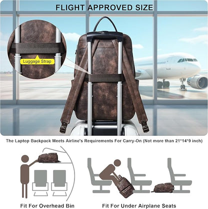 Vegan Leather Backpack for Women and Men, Fits 16.0 Inch Laptop, Multi-Pocket Design with Water Bottle and Luggage Strap, Ideal for Work, Travel, and Daily Use, Coffee