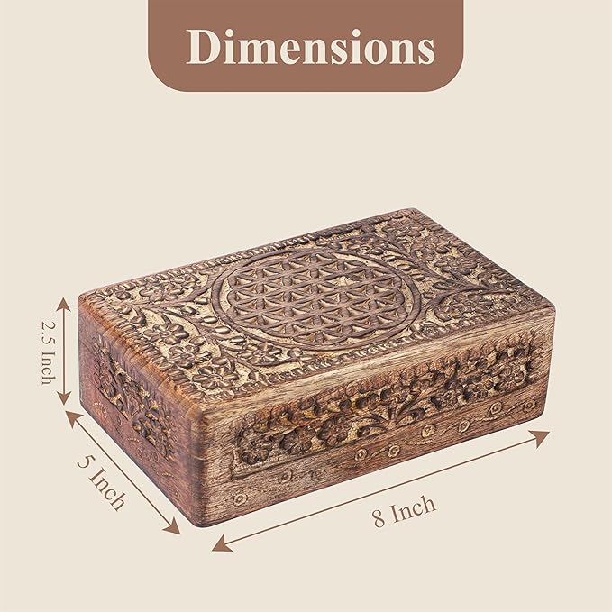 Ajuny Wooden Hand Carved Jewelry Box - Mango Wood Celtic Flower Carving Decorative Keepsake Box, Memory Box Organizer Travel Treasure Chest Trinket Holder Case Great Gifts 8x5 Inch