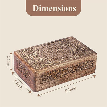 Ajuny Wooden Hand Carved Jewelry Box - Mango Wood Celtic Flower Carving Decorative Keepsake Box, Memory Box Organizer Travel Treasure Chest Trinket Holder Case Great Gifts 8x5 Inch