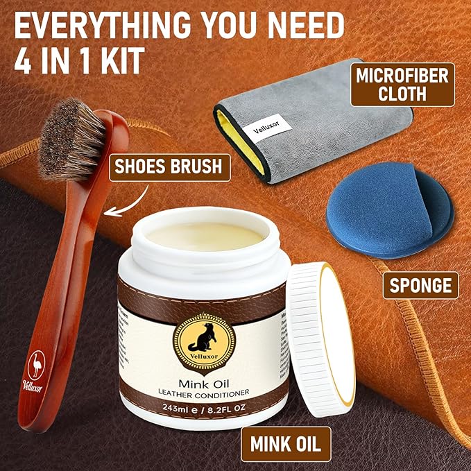 4-in-1 Natural Mink Oil 8.2oz Leather Cleaner and Conditioner, Premium Waterproof Soften Restore Formula – Leather Cleaner & Protector for Boots, Shoes, Jackets, Car Interiors, Saddle, Bags