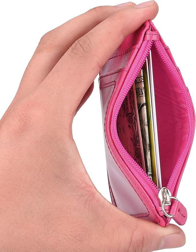 Badge Holder with Zip, Wisdompro Double Sided PU Leather ID Badge Card Holder Wallet Case with 5 Card Slots, 1 Side Zipper Pocket and 20 Inch Leather Neck Lanyard/Strap - Hot Pink (Vertical)