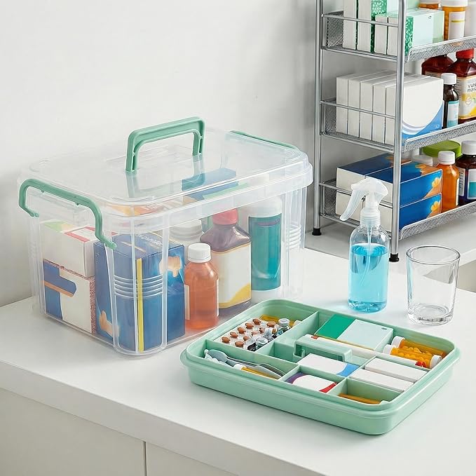 Goaste 15QT Clear Medicine Organizer Box with Handle, Plastic Medicine Container with Detachable Tray, Portable First Aid Bin Empty, Multipurpose Medical Storage Case for Home, Craft Supplies, Green