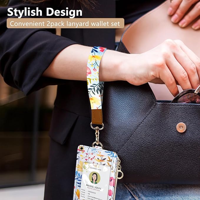 2-in-1 ID Badge Holder & Lanyard Wallet Floral Lanyard with ID Holder Teacher Nurses Woker Cute Lanyards for Name Tag Badge ID Card Holders with Removable Wristlet & Neck Lanyard Zipper Coin Pouch