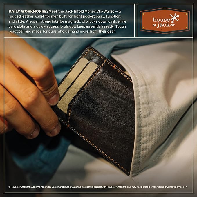 House of Jack Co. Jack Bifold Magnetic Money Clip Wallet for Men, Slim Front Pocket Wallet with Strong Interior Magnetic Clip, ID Window, Full Grain Cowhide, Brown