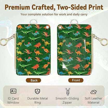 Dinosaur Leather Badge Holder with Zipper Pocket, Green Work Lanyards and 1 Zip Pocket and 4 Card Slots, Breakaway Lanyards with Metal Clasp for Boys, Adult, Teachers