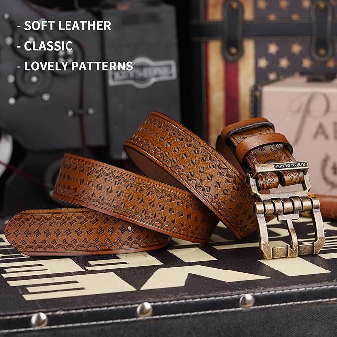 BISON DENIM Men's Genuine Leather Casual Belt, Classic Western Cowboy Dress Belts