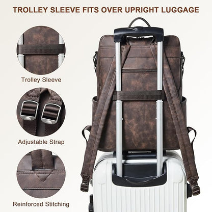 Shrrie Laptop Backpack for Women 15.6 inch,Travel Leather Backpack Purse Nurse Teacher Carry on Backpack Computer Bag,Professional Water-Resistant College Business Work Casual Daypack,Nubuck Coffee