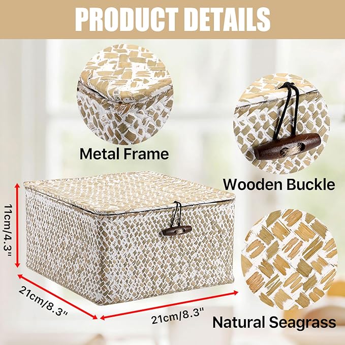 Hipiwe Handwoven Seagrass Basket with Lid Square Wicker Basket Bin Closet Storage Box Multipurpose Household Organize Container for Home Decor, Small,Whitewash