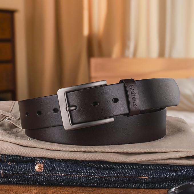 Buffway Men’s Full Grain Leather Belt – Solid One-Piece Leather, 1.5” Wide for Jeans & Business Casual, Gift Box Included