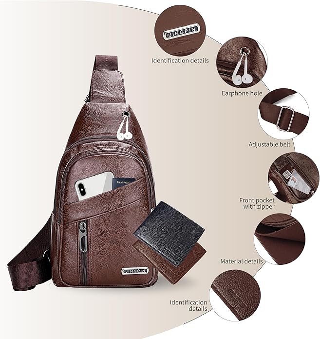 Sling Bag Set, PU Leather Sling Bag, Multi-Zipper Design for Travel, Outdoors, Valentine’s Day Gifts