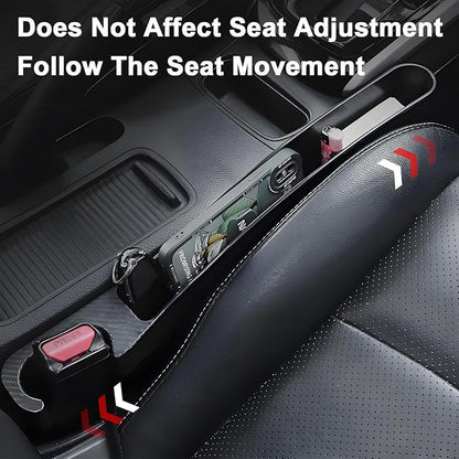 2 PCS Universal Car Seat Gap Filler, Seat Gap Filler with Black-Carbon Fiber Texture for Cars SUV Trucks, Console Side Gap Organizer Storage Box with Charge Cable Hole, Prevent Things from Falling Off