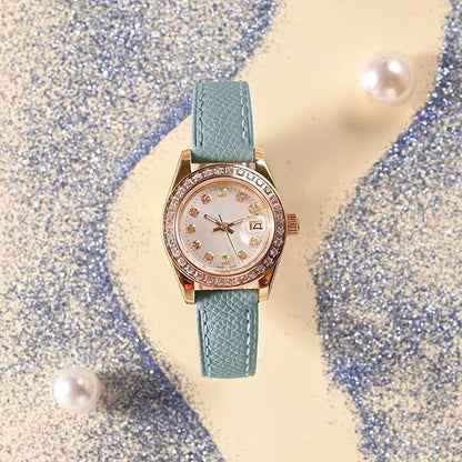 WOCCI 16mm Grace Watch Band for Ladies, Top Grain Leather, Quick Release Replacement Strap with Silver Buckle (Mist Blue)