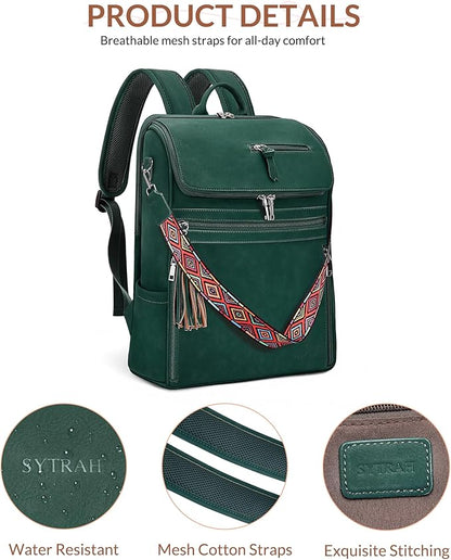 SYTRAH Leather Laptop Backpack for Women Designer Laptop Bag, 16.5 inch Travel Computer Backpacks Purse with Tassel for Work Business with Satchel Purse Green