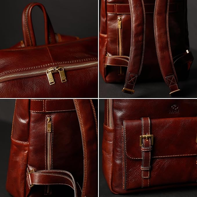 Time Resistance Leather Backpack for Men and Women - Laptop Bag up to 15” - Brown Business Rucksack