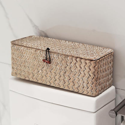 Seagrass Storage Basket with Lid Rectangular Small Woven Shelf Baskets with Sections for Organize Snack Toys Whitewash