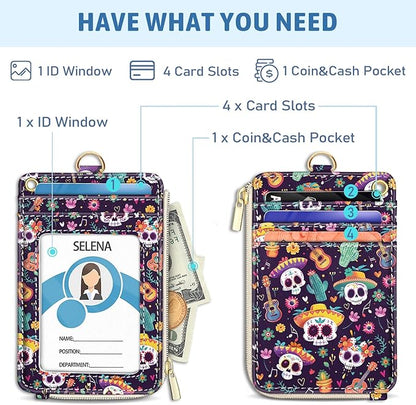 Day of The Dead Lanyard Wallet with ID Badge Holder, Skull Small RFID Wallet Women Keychain Wristlet, Slim Credit Card Holder with Zipper Pocket Phone Lanyard Wrist Strap Name Tag Office Teacher Gift
