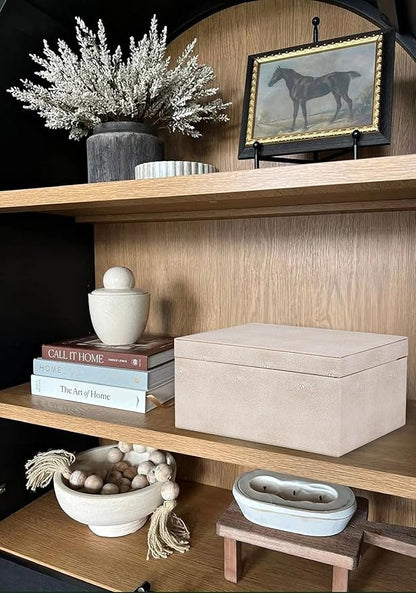 HofferRuffer Faux Leather Decorative Box, Large Wooden Structure Keepsake Box Accessory Organizer Jewelry Organizer with Hinged Lid, Storage Container for Home or Office (LightGrey Shagreen)