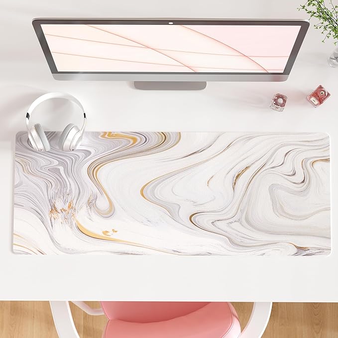 QiyI White Mouse Pad, Cute Marble Large Desk Mat, PU Leather Desk Protector Mousepad, Gold Grey Striped Waterproof Computer Keyboard Gaming Mouse Pads, Non Slip Extended Writing Pad 31.5" x 11.8"