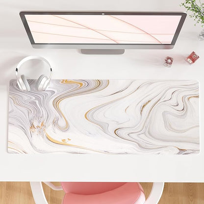 QiyI White Mouse Pad, Cute Marble Large Desk Mat, PU Leather Desk Protector Mousepad, Gold Grey Striped Waterproof Computer Keyboard Gaming Mouse Pads, Non Slip Extended Writing Pad 31.5" x 11.8"