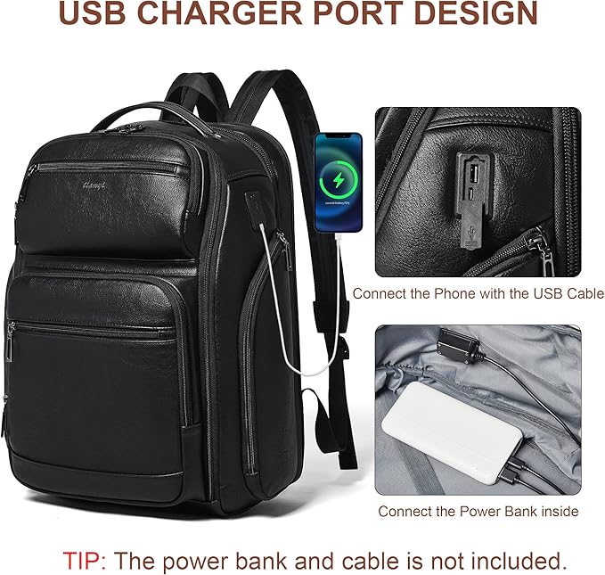 Vegan Leather Backpack, 40L Expandable, TSA Travel Backpack for Men and Women, Fits 17.0 Inch Notebook with Luggage Strap and USB Port, Black