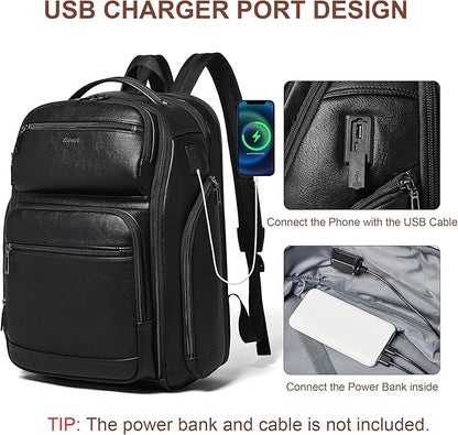 Vegan Leather Backpack, 40L Expandable, TSA Travel Backpack for Men and Women, Fits 17.0 Inch Notebook with Luggage Strap and USB Port, Black
