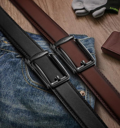 BULLIANT Men Ratchet Belt 2 Pack, Click Sliding Leather Belt Adjustable for Gift Men Dress Casual Jeans 1 3/8,Cut for Fit