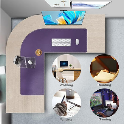 Mydours L Shaped Desk Mat, (38"+38) x 13" Large PU Leather Corner Desk Pad Blotter, XXL Large Waterproof Gaming Mouse Pad, L Shaped Mouse Pad for Computer Keyboard Home Office (Purple)
