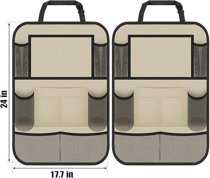 ULEEKA Car Backseat Organizer with 11" Table Holder, 10 Storage Pockets Seat Back Protectors Kick Mats for Kids Toddlers, Travel Accessories, 2 Pack, Beige