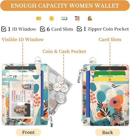 Hancynir Slim Wallet Women Credit Card Holder, Abstract Boho Floral RFID Blocking Front Pocket Wallet Wristlet Keychain Lanyard, Small Cute Thin Travel Zipper Coin PU Leather Card Case Organizer Gifts