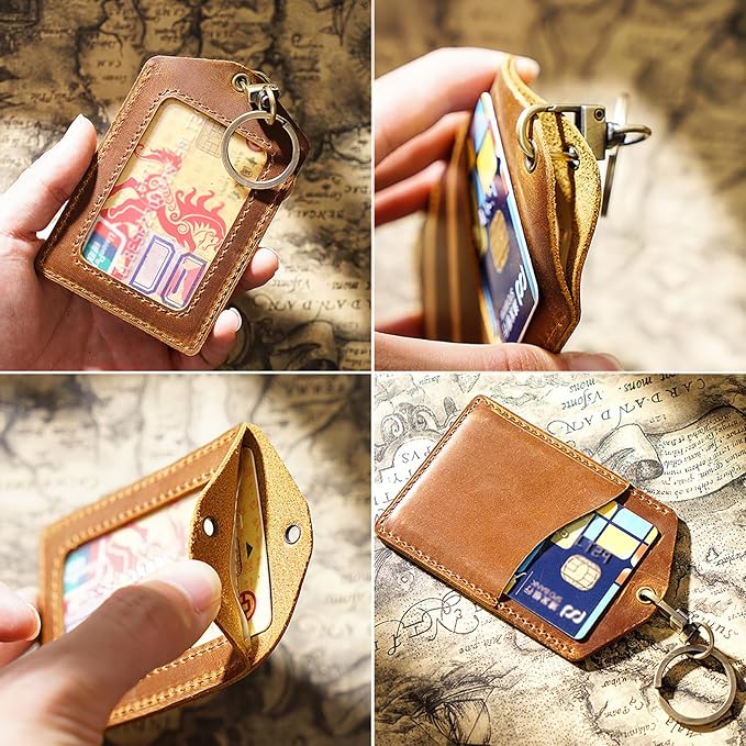 Badge Holder Vertical Handmade Leather ID Card Badge Holder Keychain with Heavy Duty Carabiner Clip for Men Women (Brown)