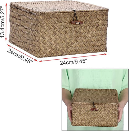 Hipiwe Wicker Shelf Baskets Bin with Lid Handwoven Seagrass Storage Basket Container Square Multipurpose Household Basket Boxes for Shelves and Home Organizer, Coffee Medium