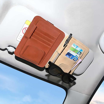 2Pcs Car Sun Visor Organizer, Slim Leather Sunglass Holder for Car, Auto Document Holder for Card, Sunglasses, Insurance, Registration, Pen, Receipt (Brown+Khaki)