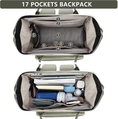 Laptop Backpack Women Work Bag: 15.6 inch Work Bookbag with USB Charging Port Large Travel Backpack Purse for College Nurse Casual Daypack for Teacher Professional Computer Backpack Beige Light Green